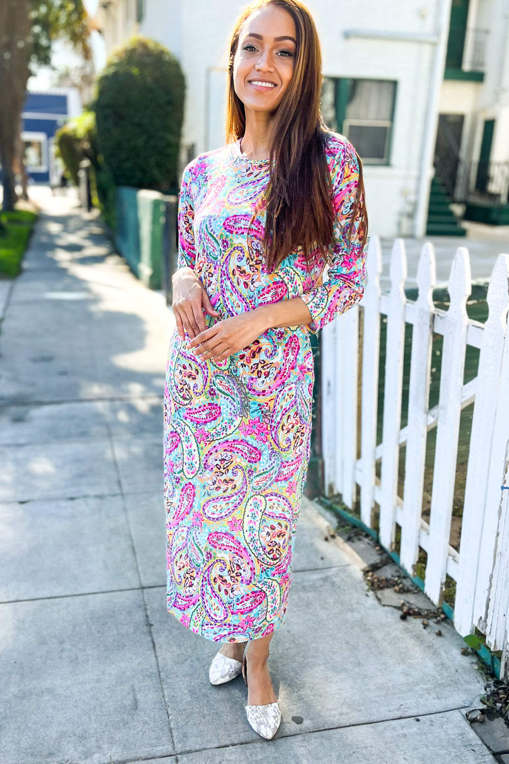 Follow Me Round Neck Paisley Print Pocketed Midi Dress