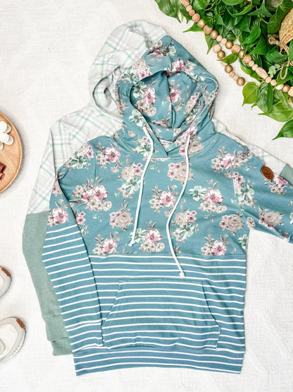 Michelle Mae Teal Floral Pattern Mix Pullover Hoodie