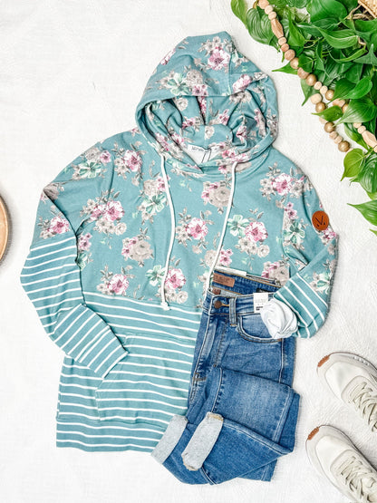 Michelle Mae Teal Floral Pattern Mix Pullover Hoodie