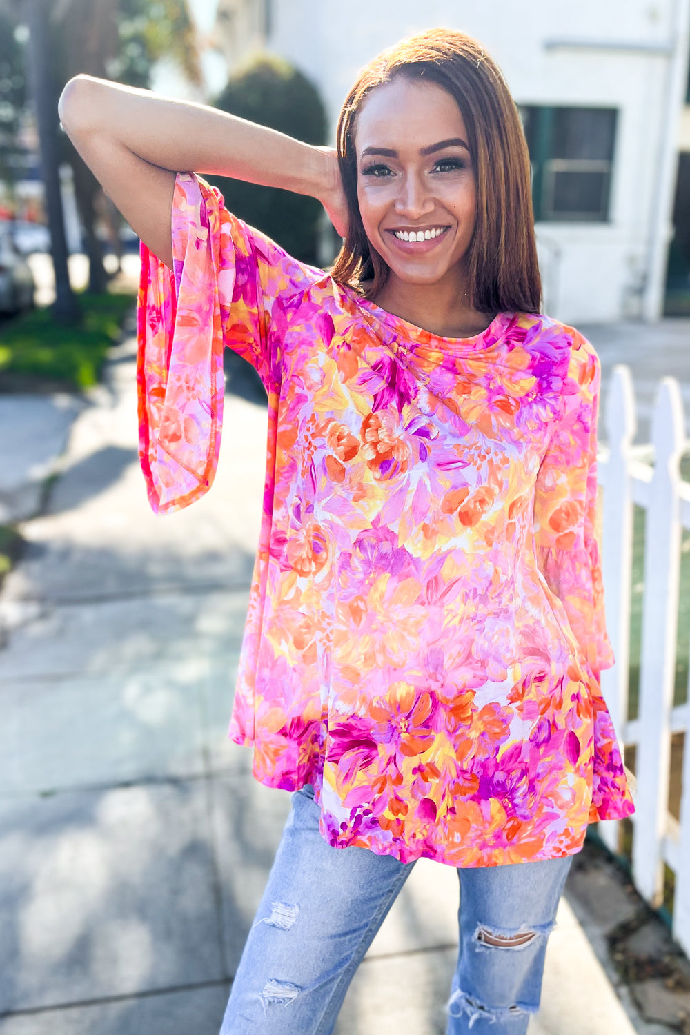 Gorgeous You Fuchsia Big Floral Bell Sleeve Knit Top First Love