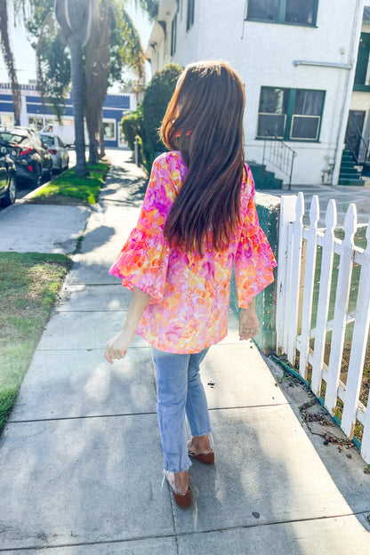 Gorgeous You Fuchsia Big Floral Bell Sleeve Knit Top First Love