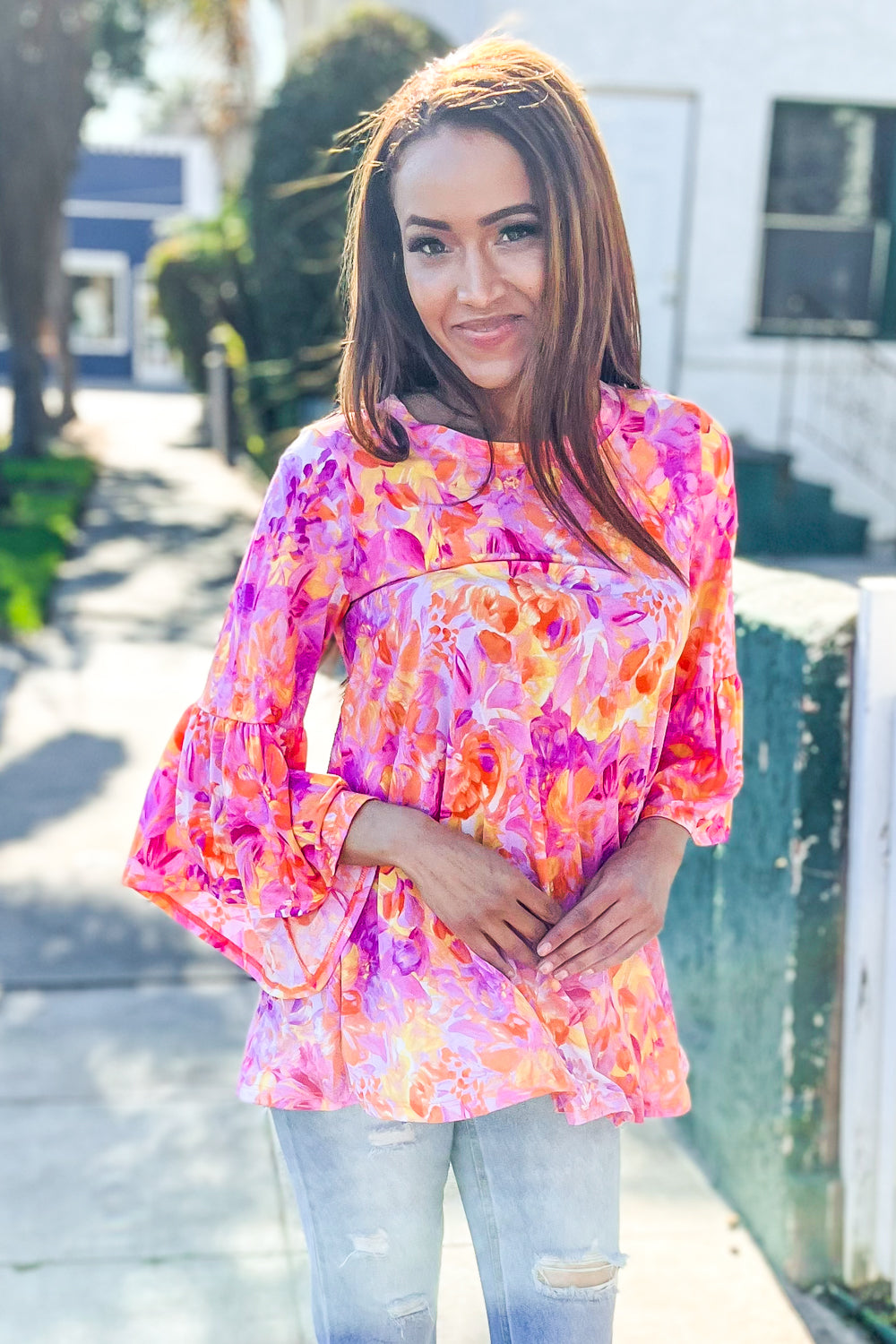 Gorgeous You Fuchsia Big Floral Bell Sleeve Knit Top First Love