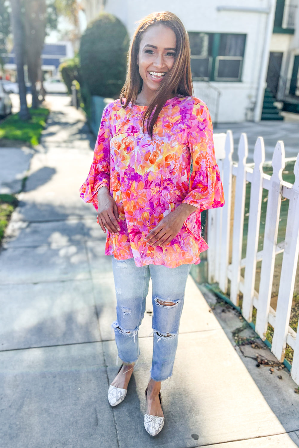Gorgeous You Fuchsia Big Floral Bell Sleeve Knit Top First Love