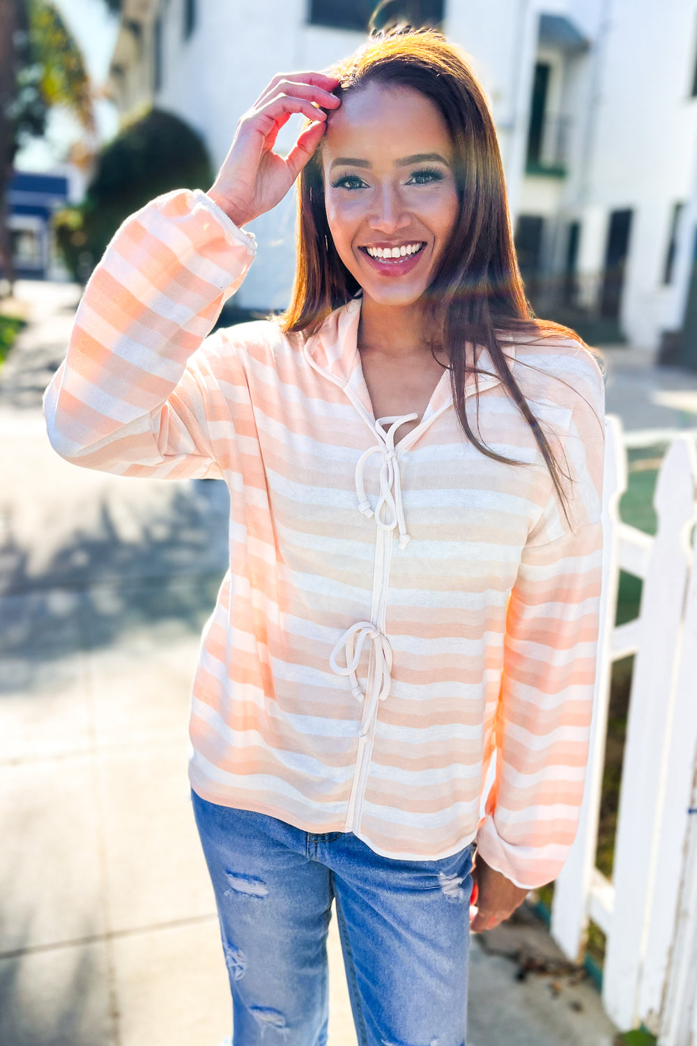 Embrace Joy Beige & Ivory Collar Stripe Bow Tie Terry Top