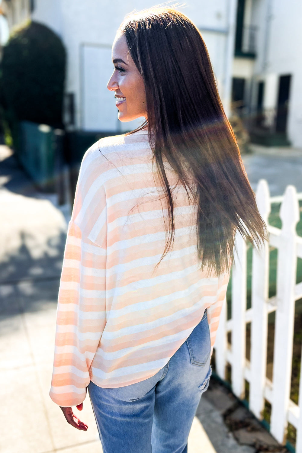 Embrace Joy Beige & Ivory Collar Stripe Bow Tie Terry Top