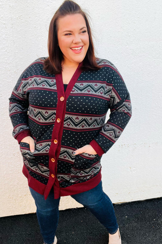 All Class Burgundy Holiday Print Button Cardigan - The Magnolia Cottage Boutique