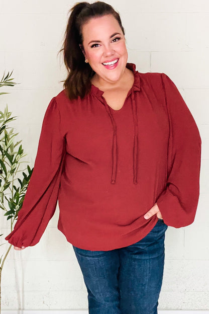 Feeling Femme Burgundy Frilled Edge V Neck Tie Top