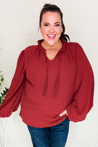 Feeling Femme Burgundy Frilled Edge V Neck Tie Top