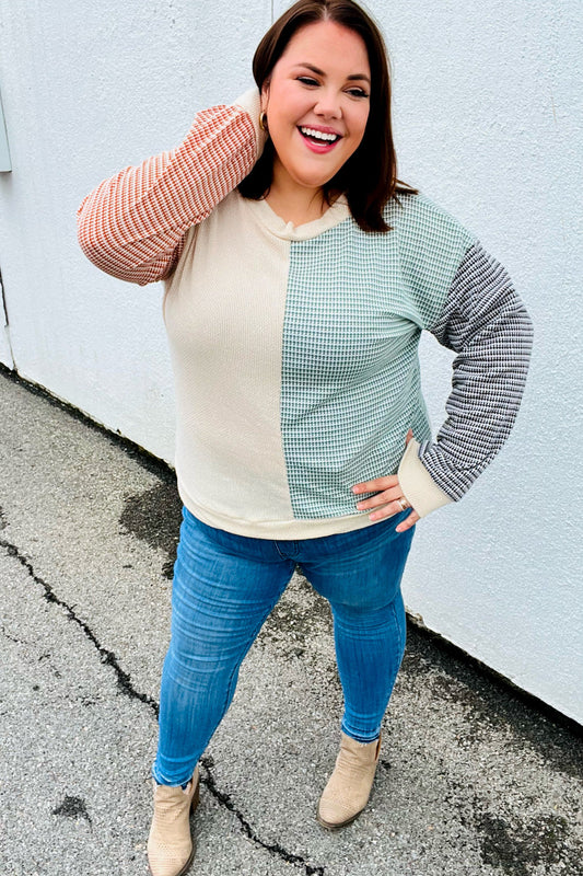 Feeling Casual Rust & Olive Two-Tone Knit Color Block Top - The Magnolia Cottage Boutique