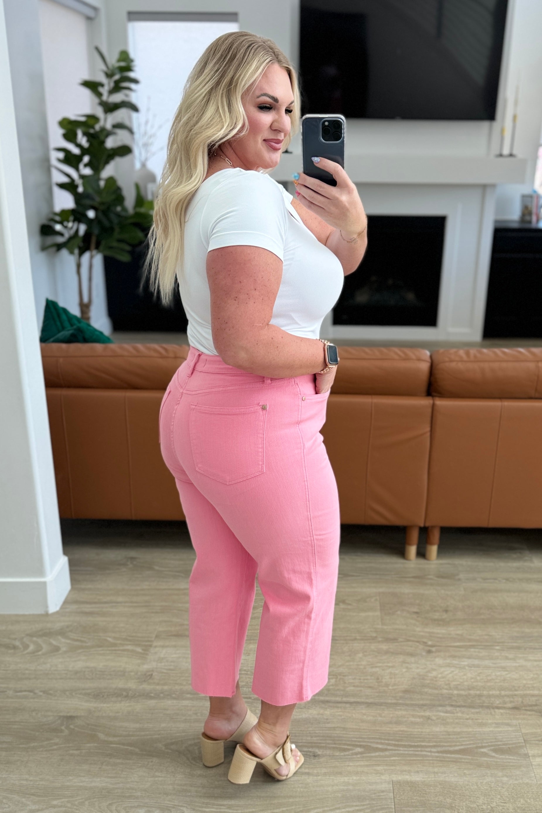 Lisa High Rise Control Top Wide Leg Crop Jeans in Pink Ave Shops