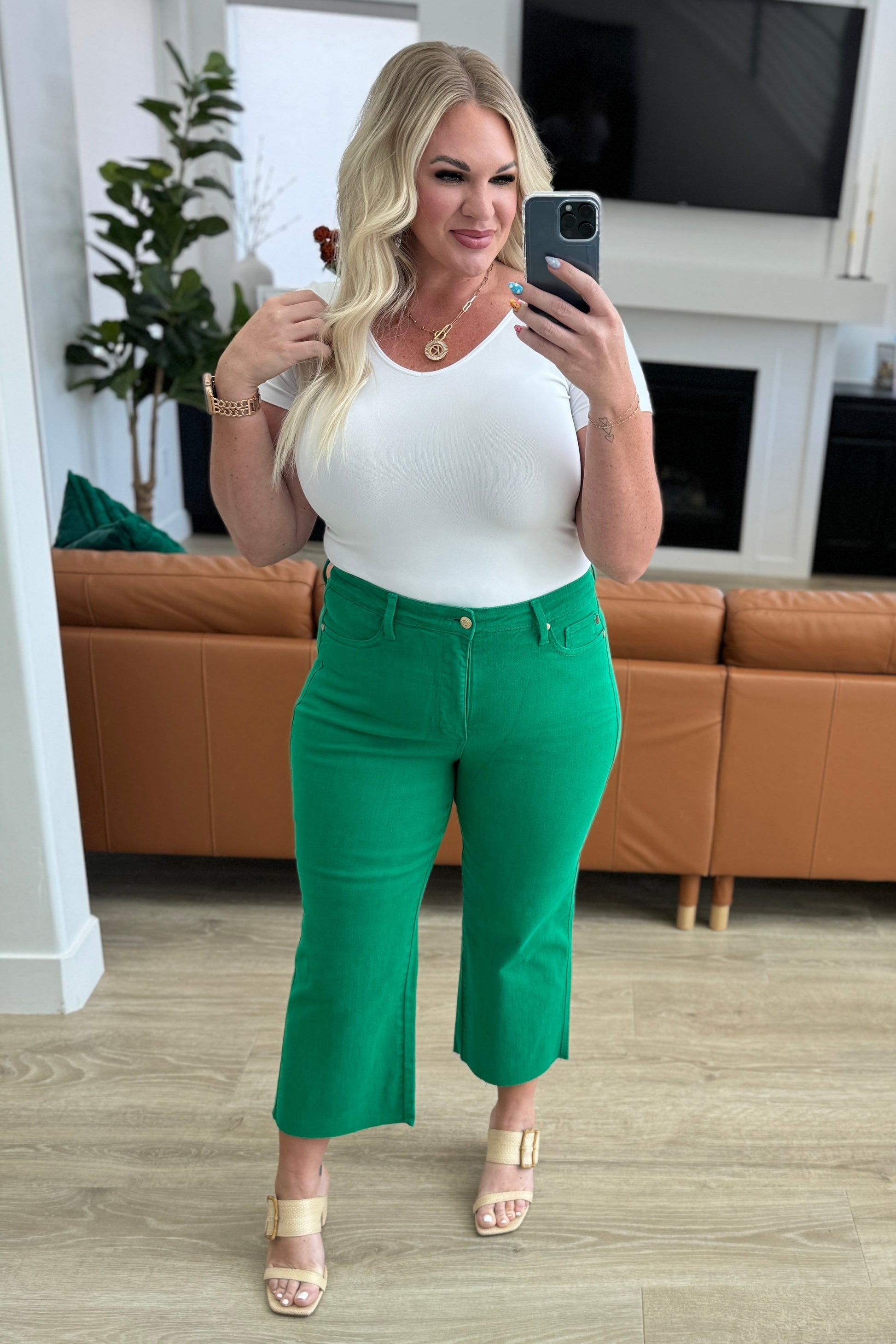 Lisa High Rise Control Top Wide Leg Crop Jeans in Kelly Green Ave Shops