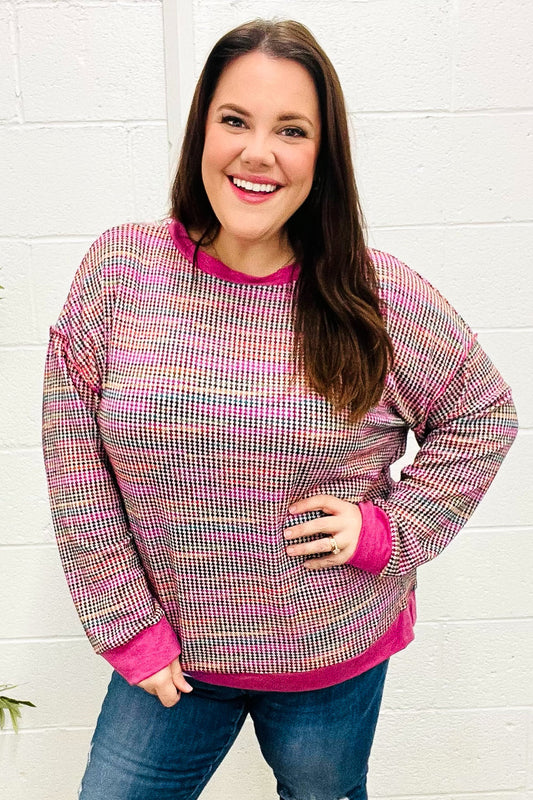 Bring Joy Magenta Multicolor Textured Waffle Knit Sweater