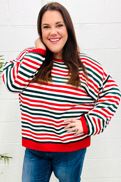 Christmas Red & Green Striped Oversized Knit Sweater