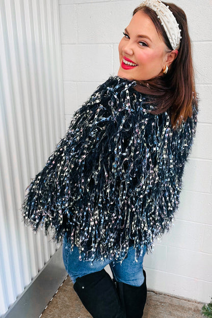 Dazzling Black & Multicolor Fuzzy Fringe Knit Cardigan