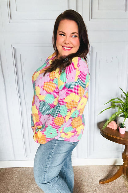 Easy To Love Fuchsia Floral Two Tone Knit Vintage Top