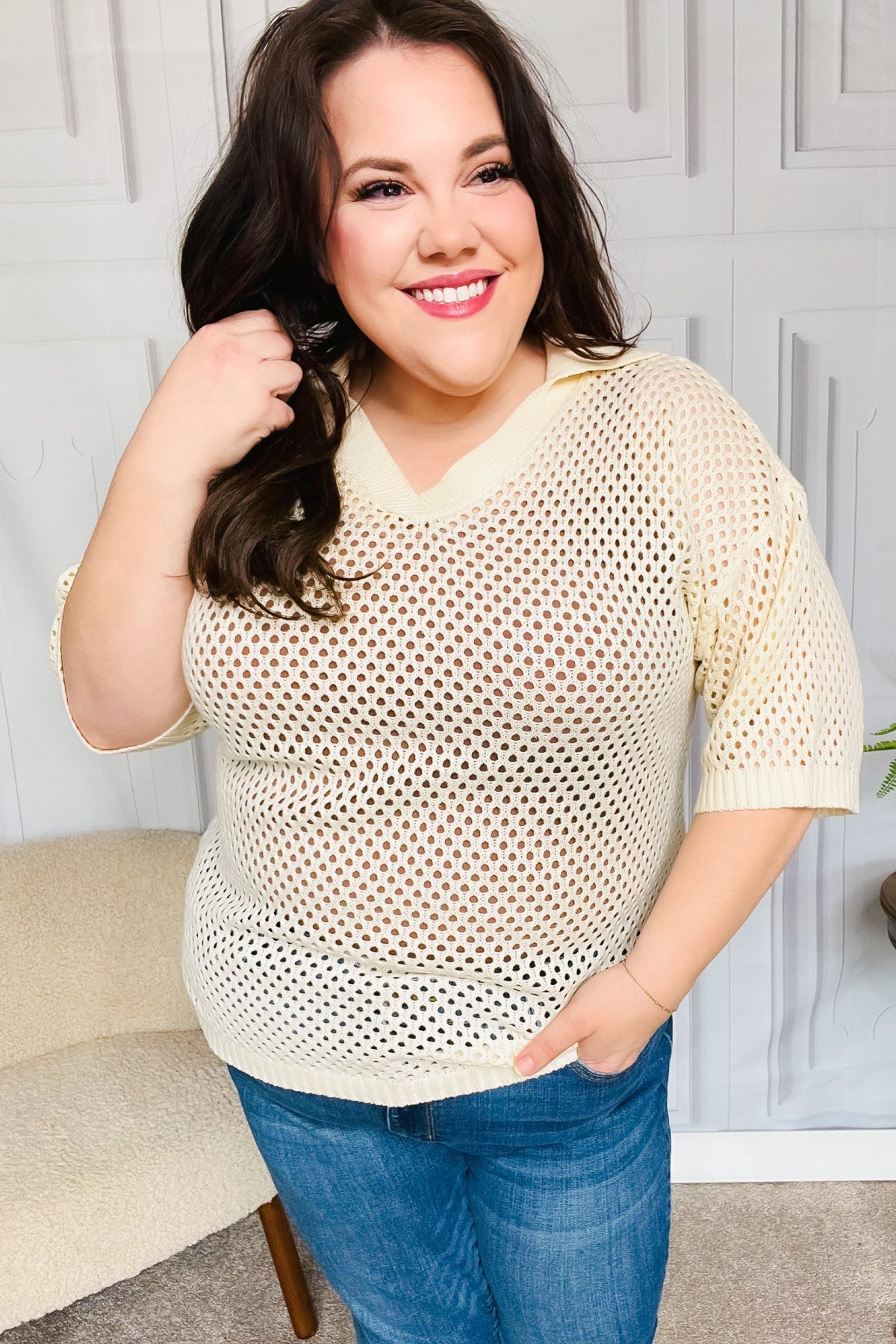 Haptics Can't Look Away Oatmeal Netted Crochet Collared Sweater Top