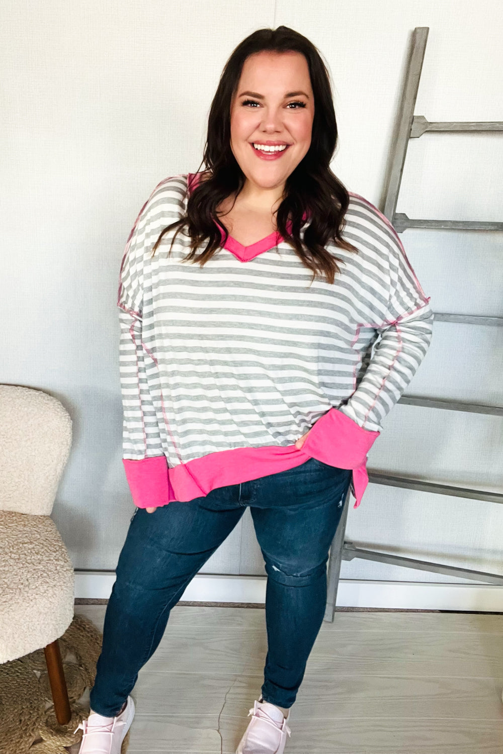 Weekend Ready Heather Grey Stripe Hi-Lo Out Seam Stitch Pullover