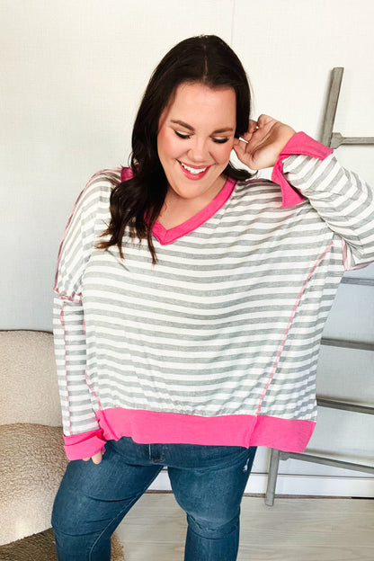 Weekend Ready Heather Grey Stripe Hi-Lo Out Seam Stitch Pullover