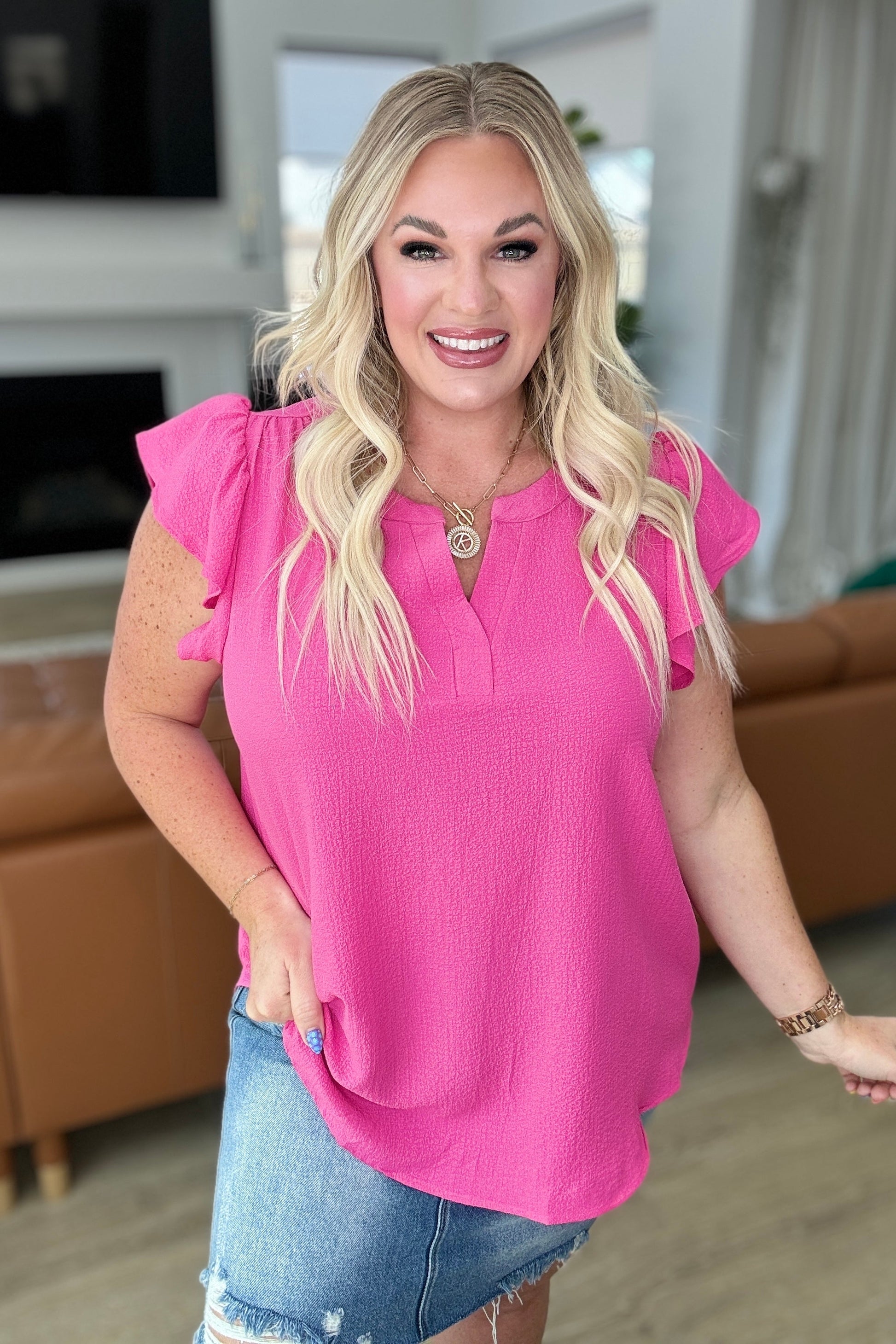 Crinkle Split Neckline Flutter Sleeve Top in Hot Pink Ave Shops