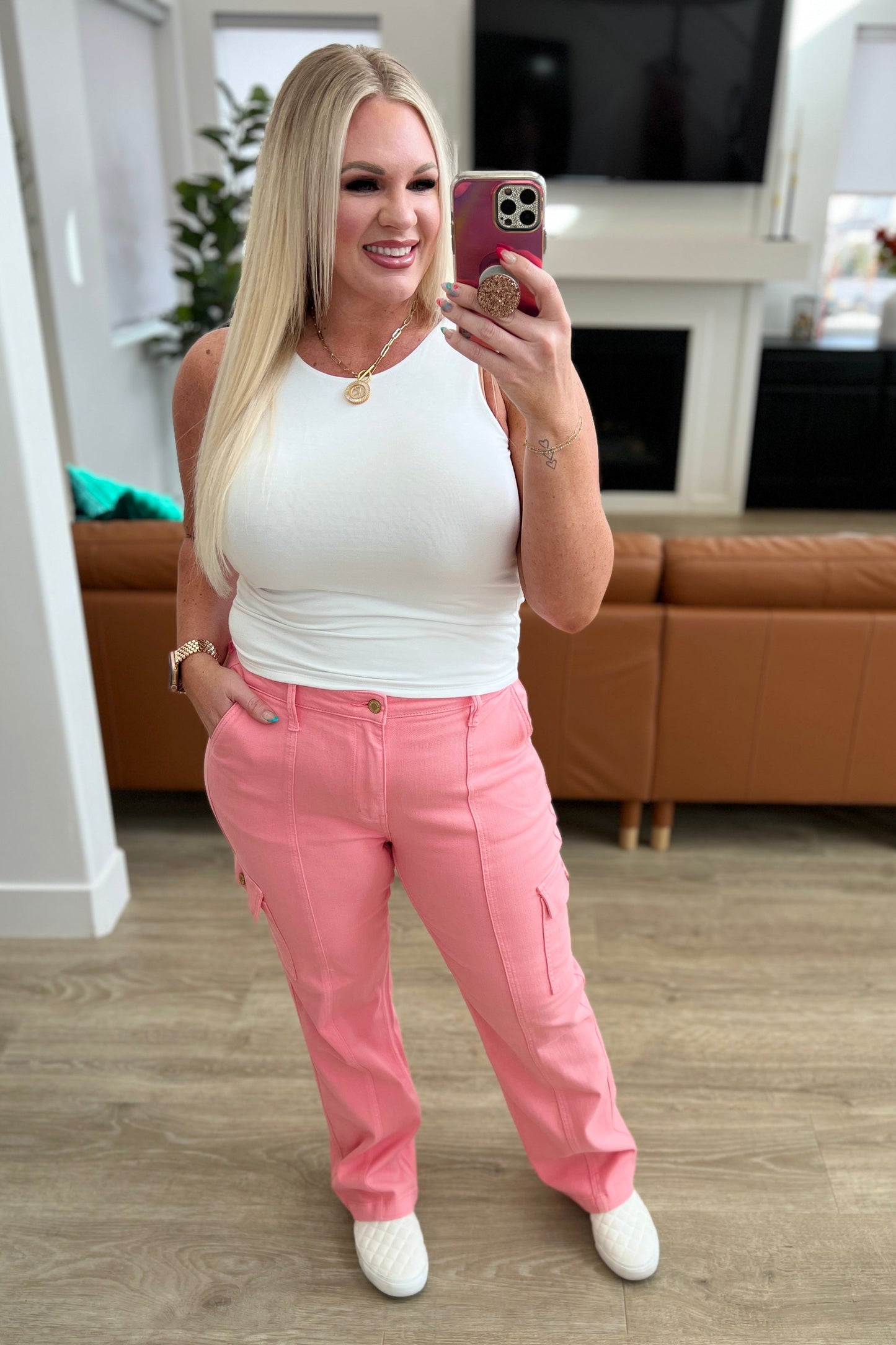 Peggy High Rise Cargo Straight Jeans in Pink Ave Shops