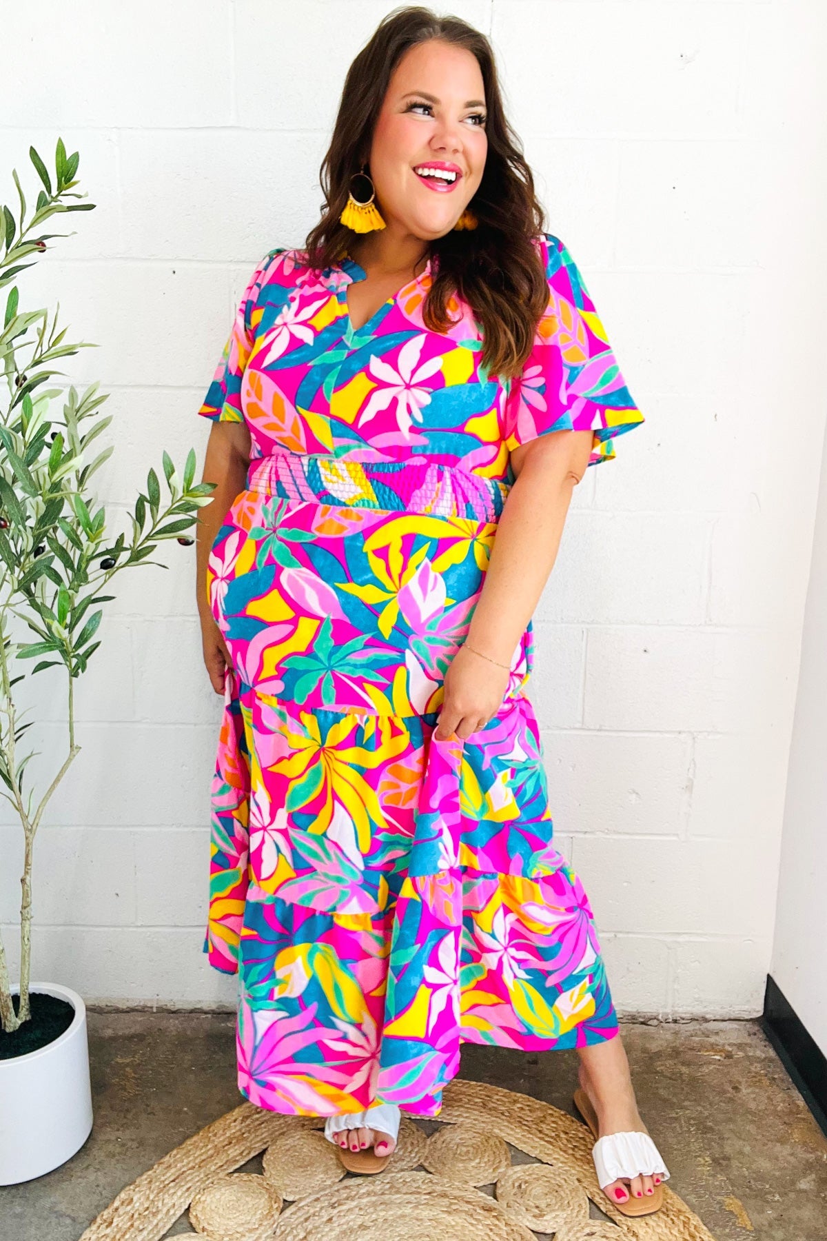 Tropical Trance Fuchsia Floral Smocked Waist Maxi Dress