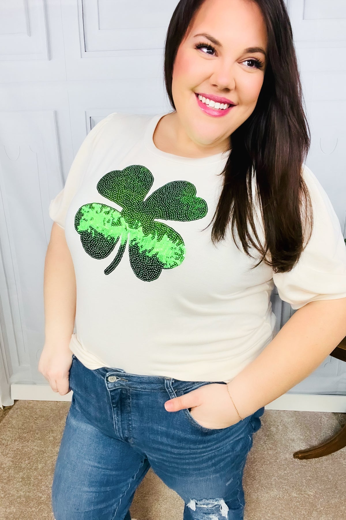 Haptics Saint Patty Sequin Clover French Terry Puff Sleeve Top