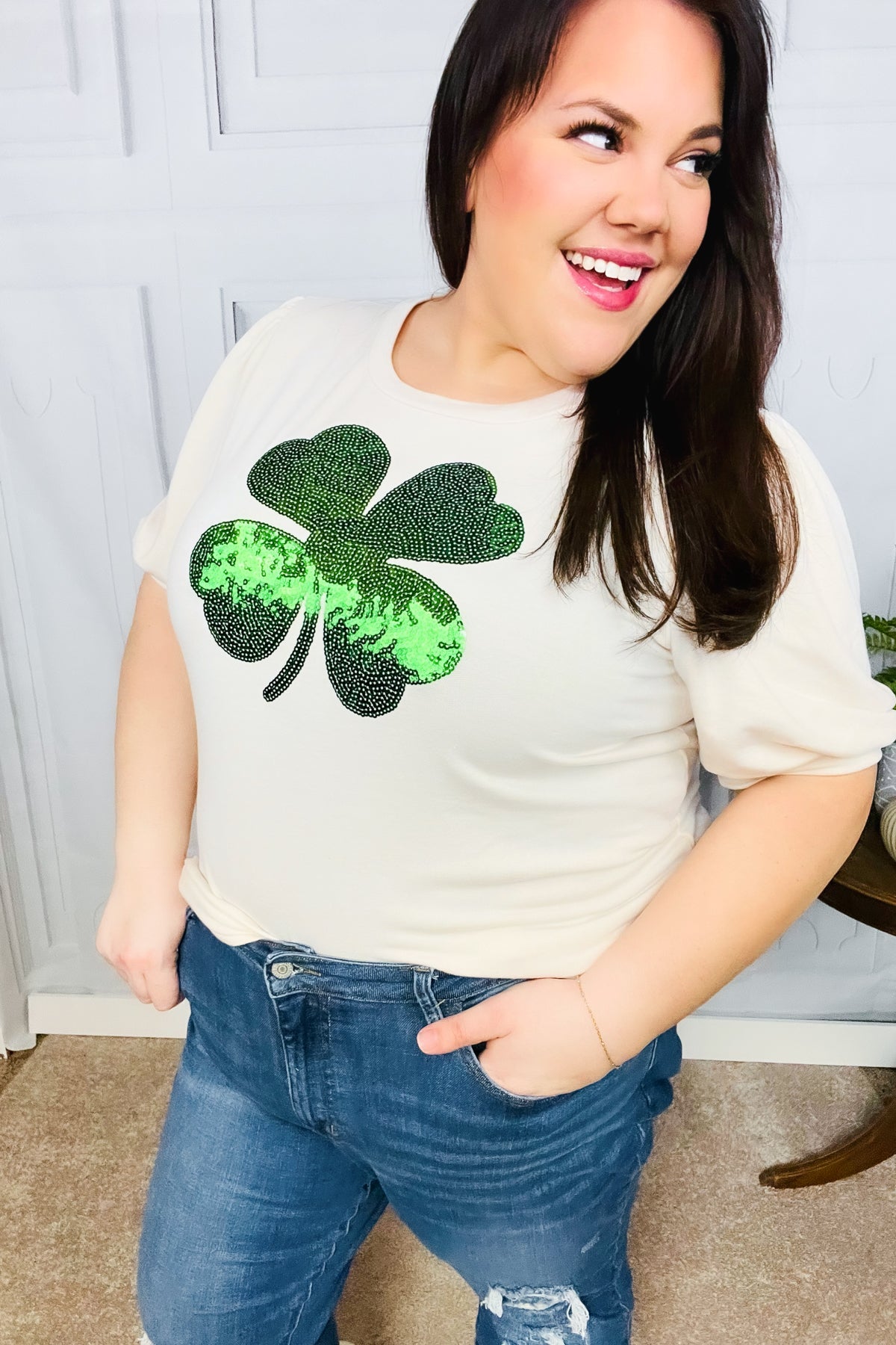 Haptics Saint Patty Sequin Clover French Terry Puff Sleeve Top