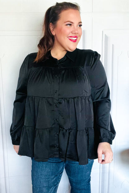 Perfectly You Black Button Down Tiered Babydoll Satin Top