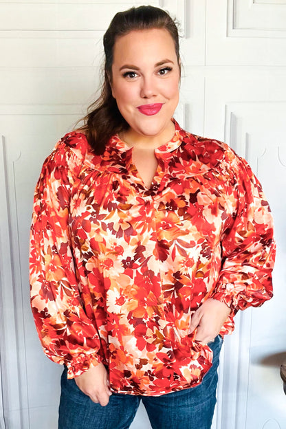 Fall Vibes Rust Floral Print Notched Neck Smocked Satin Top