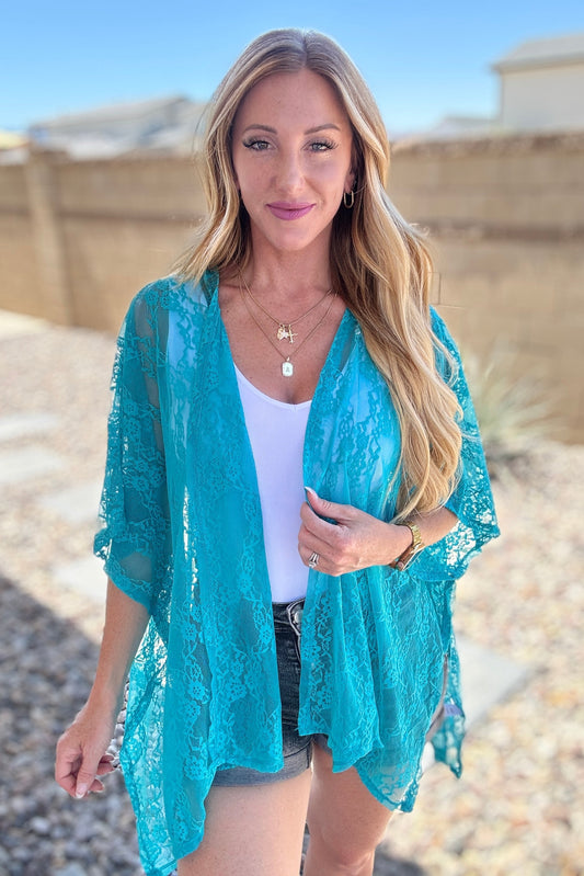 Good Days Ahead Lace Kimono In Teal Ave Shops