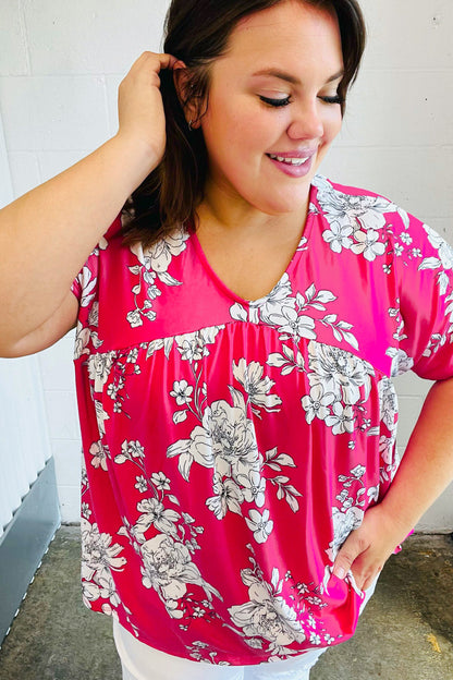 Fuchsia Floral V Neck Dolman Top