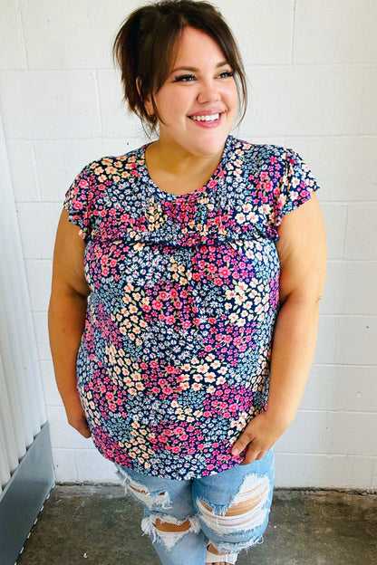 Navy Floral Print Frilled Short Sleeve Yoke Top