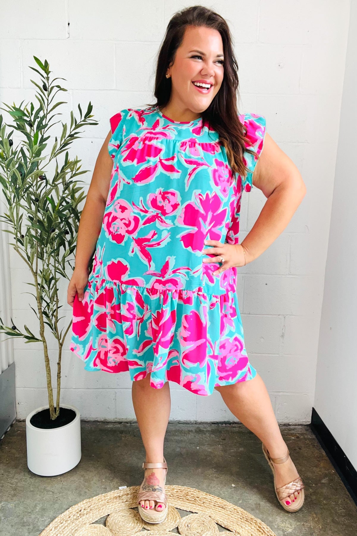 Diva Dreaming Aqua & Fuchsia Floral Print Tiered Ruffle Sleeve Dress