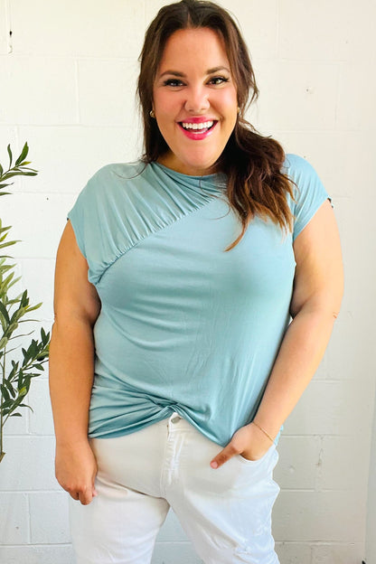 Charming in Aqua Asymmetrical Shirred Drop Shoulder Modal Top