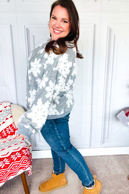 Season Greetings Silver Puffy Snowflake Sherpa Pullover