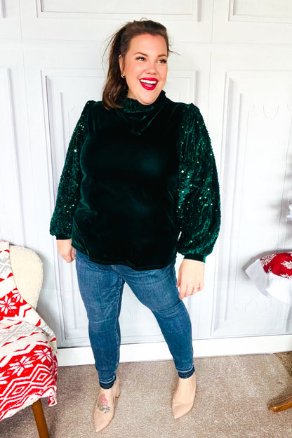 Under the Lights Green Velvet & Sequin Frill Mock Neck Top