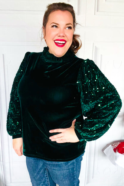 Under the Lights Green Velvet & Sequin Frill Mock Neck Top