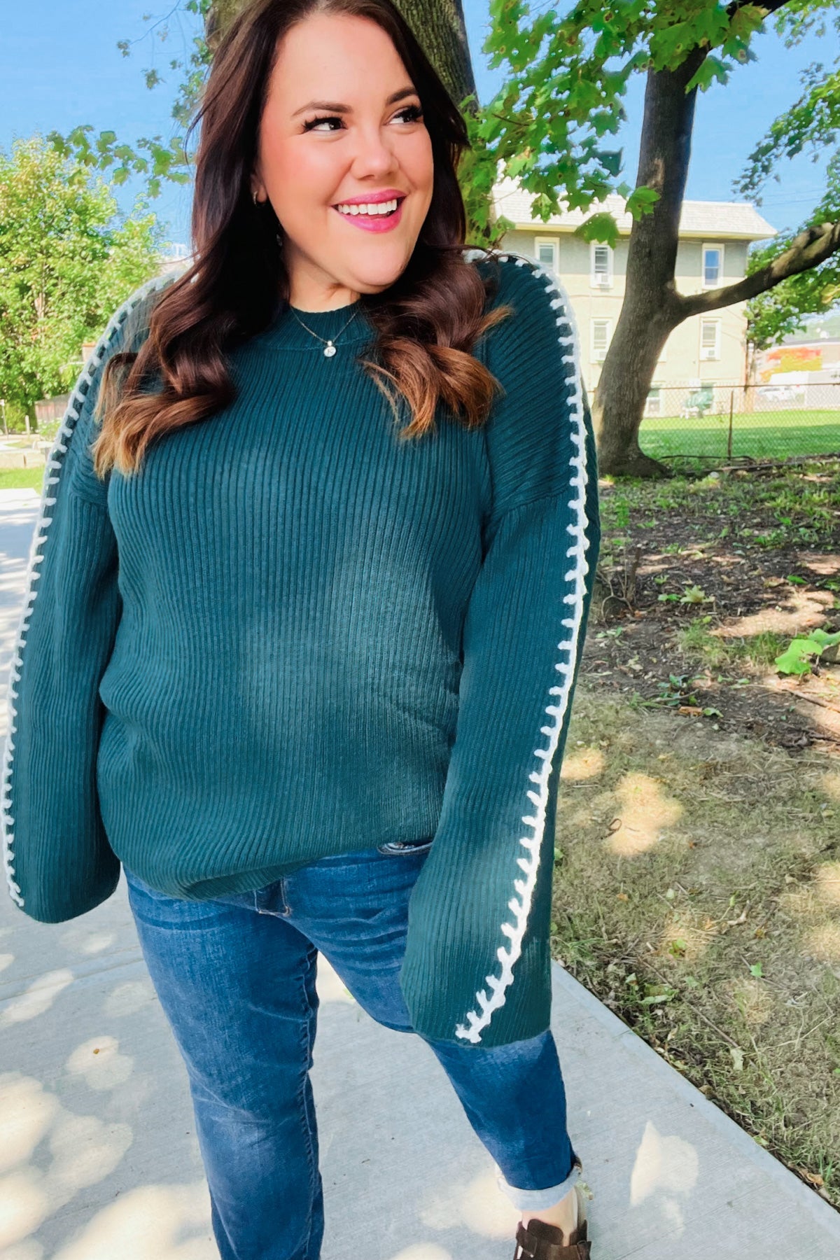 Hunter Green Rib Knit Stitch Detail Oversized Sweater