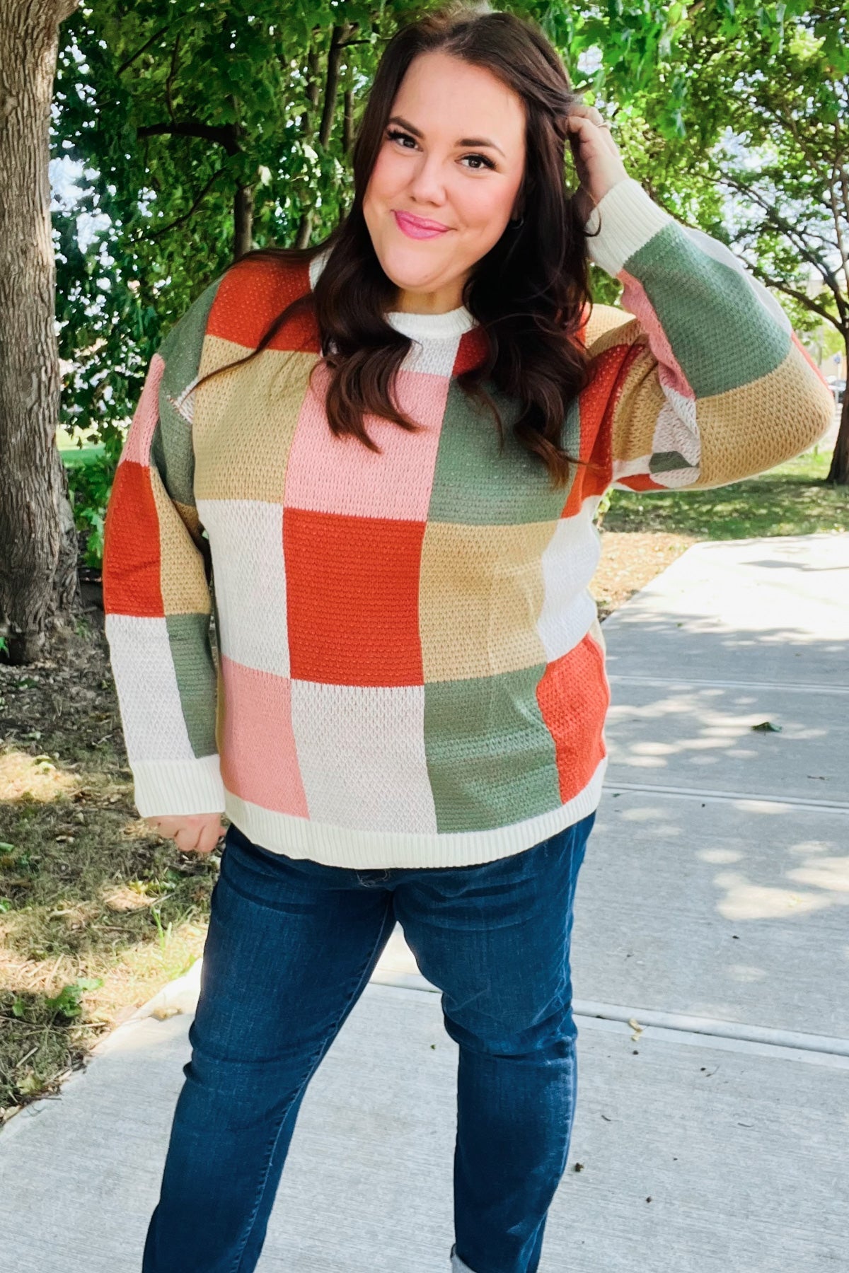 Ivory & Rust Checker Jacquard Knit Sweater