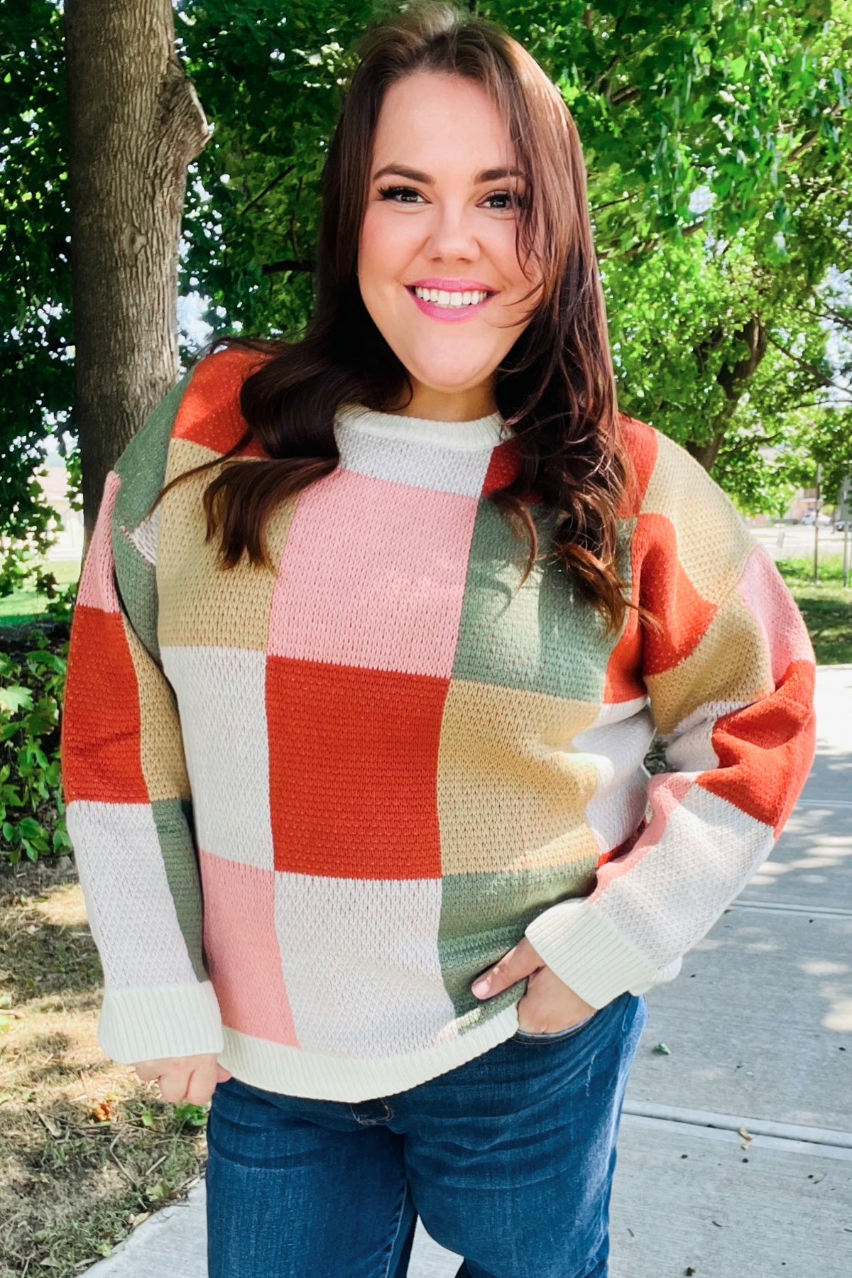 Ivory & Rust Checker Jacquard Knit Sweater