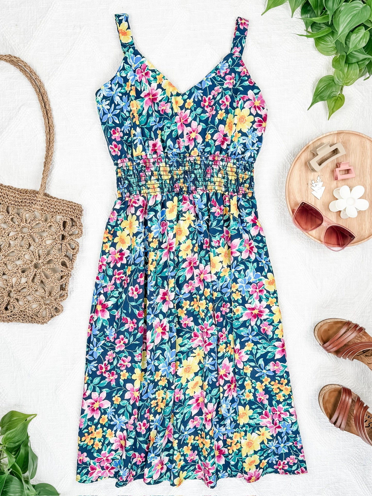 Michelle Mae Navy and Yellow Floral Cassidy Midi Dress