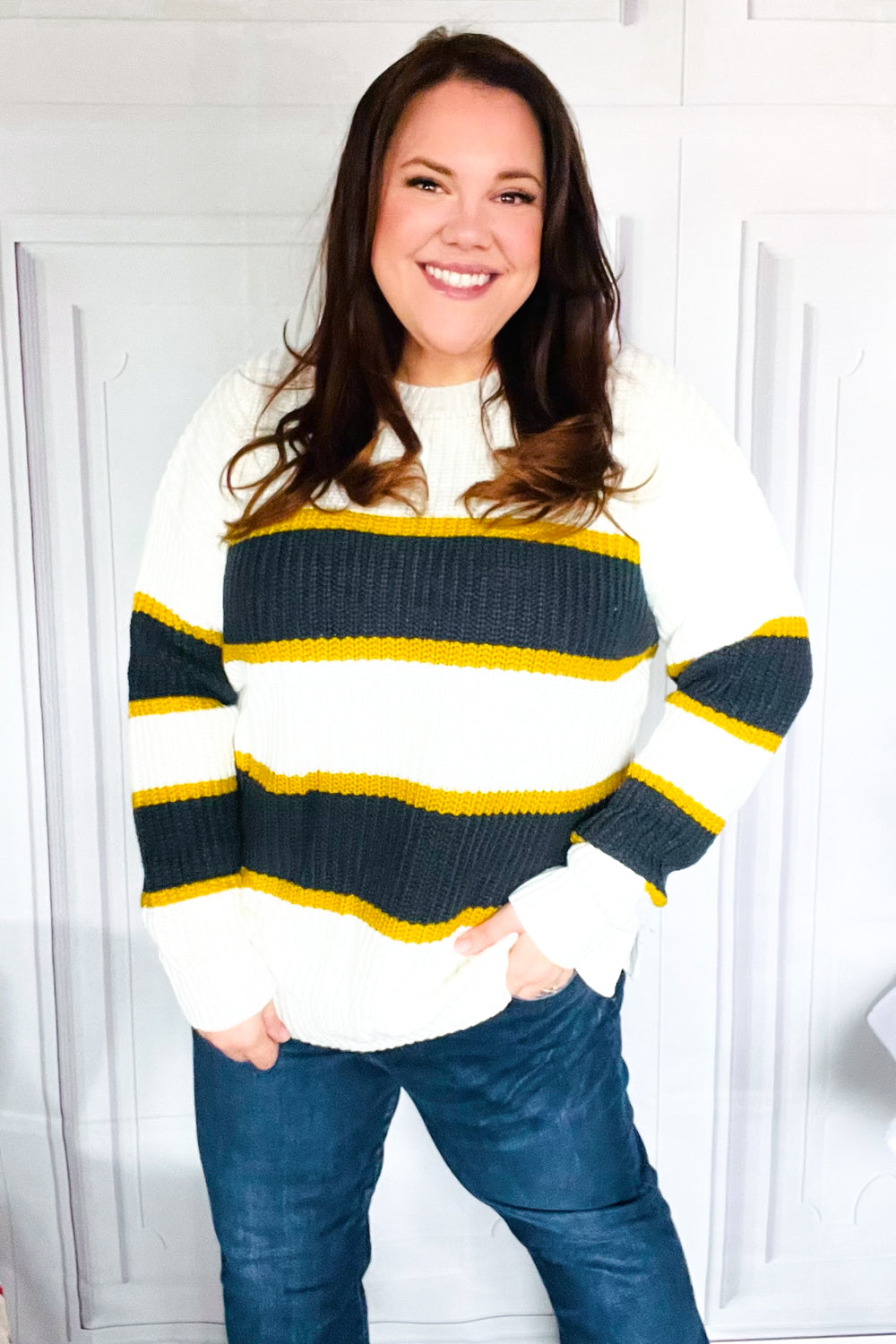 PLUS Casual Chic Yellow & Ivory Stripe Oversize Knit Sweater