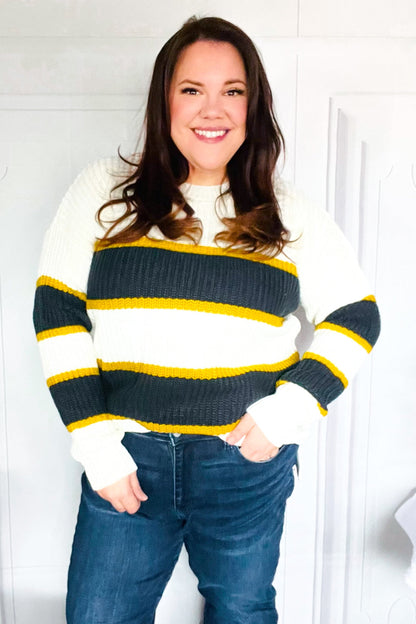 PLUS Casual Chic Yellow & Ivory Stripe Oversize Knit Sweater