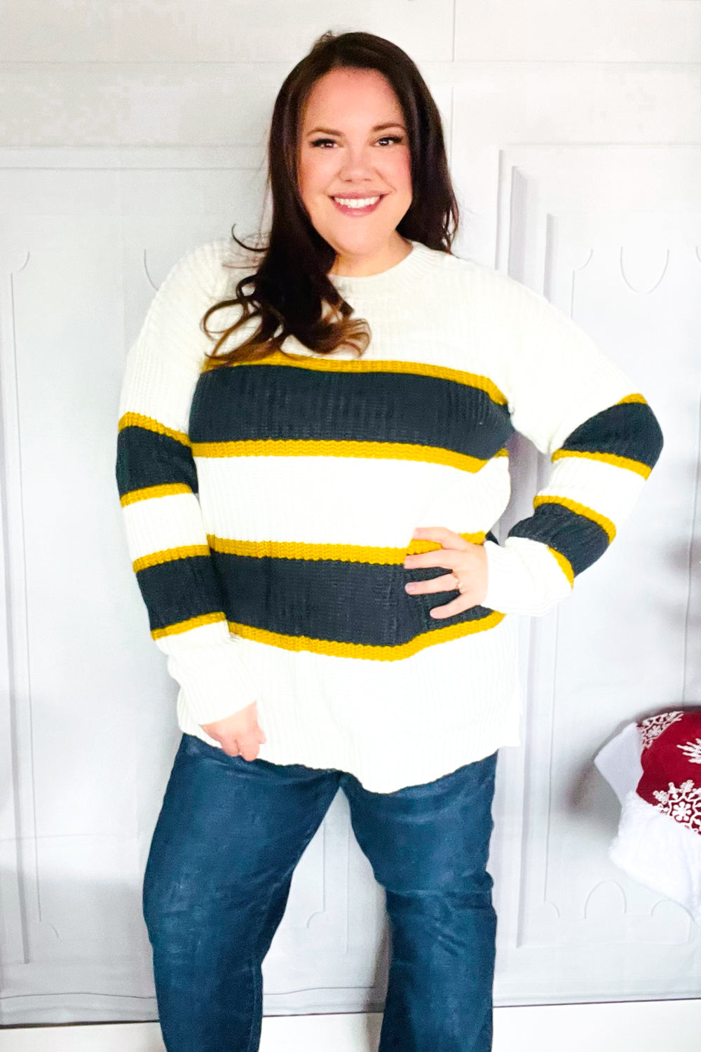 PLUS Casual Chic Yellow & Ivory Stripe Oversize Knit Sweater