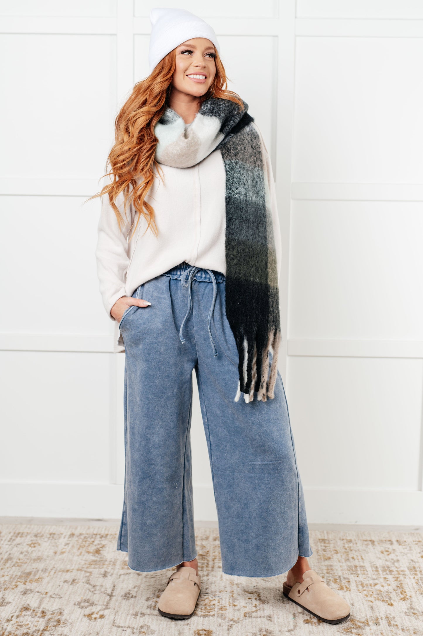 Wanderlust Wrap Oversized Plaid Fringe Scarf in Grey and Jade Ave Shops