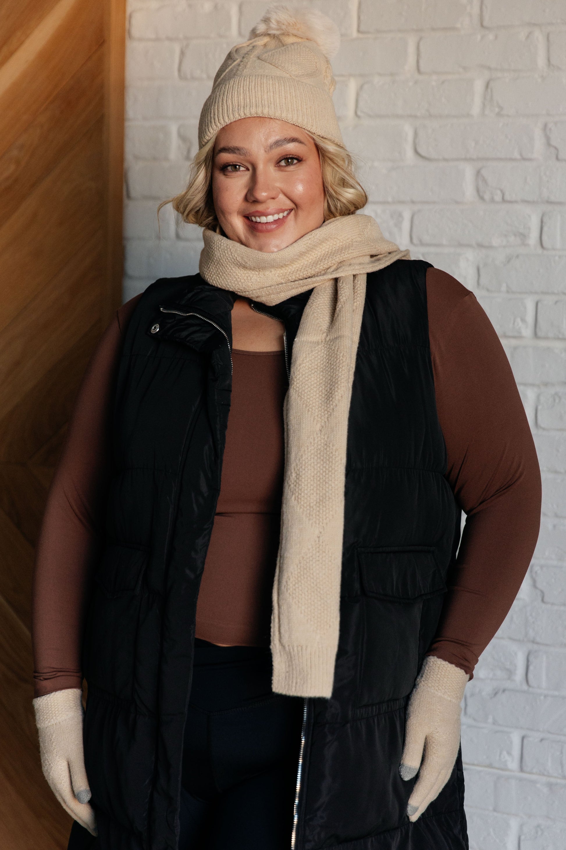 Jane Frost Beanie, Glove, and Scarf Set in Beige Ave Shops