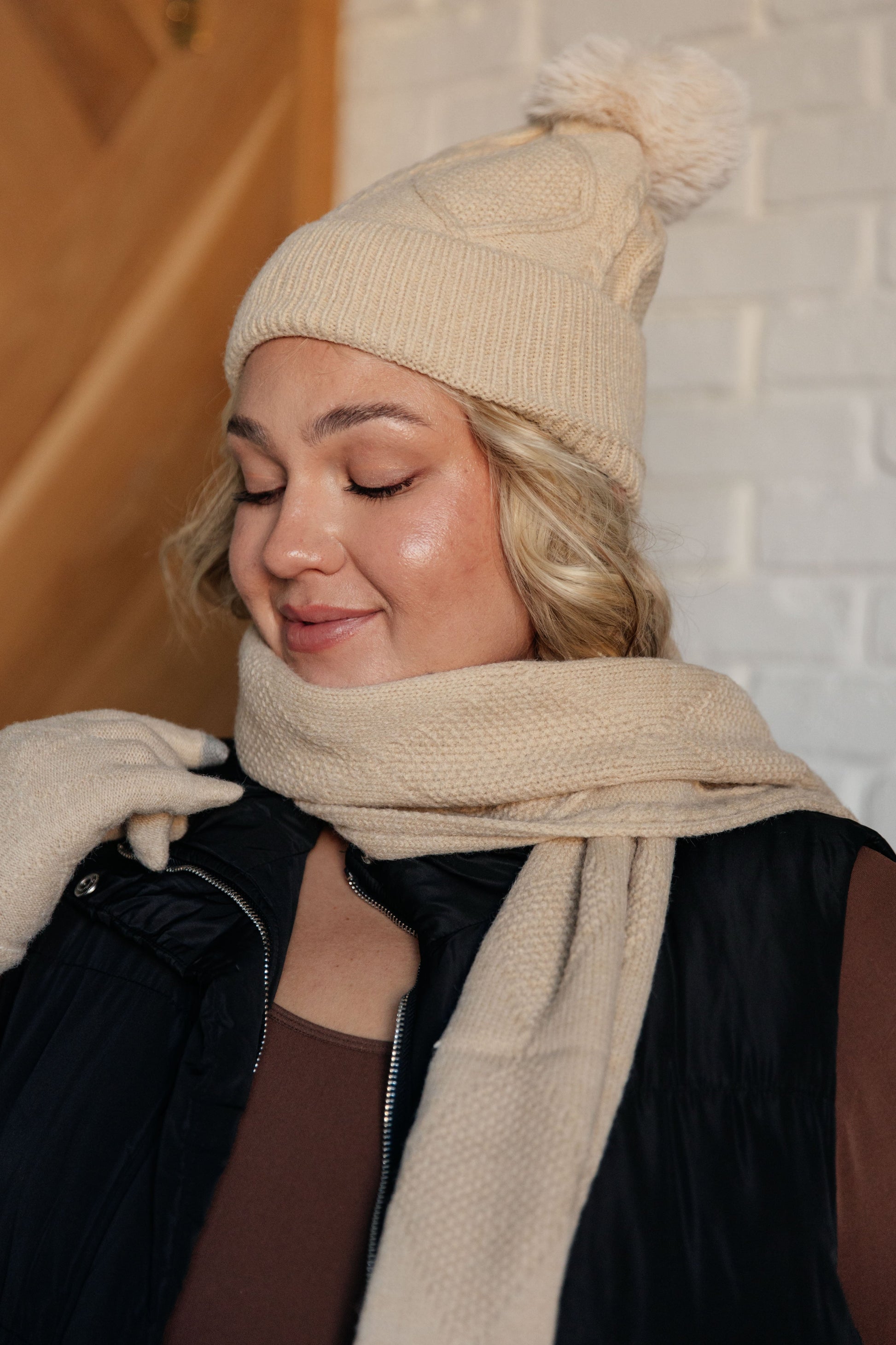 Jane Frost Beanie, Glove, and Scarf Set in Beige Ave Shops