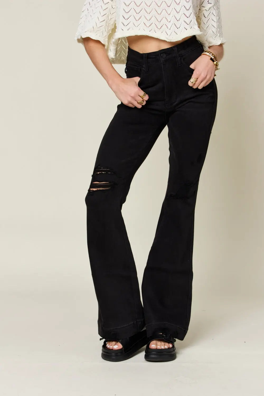 Judy Blue Full Size High Waist Distressed Flare Jeans Trendsi