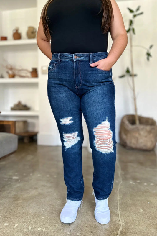 Judy Blue Full Size High Waist Rigid Magic Heavy Destroy Straight Jeans Trendsi