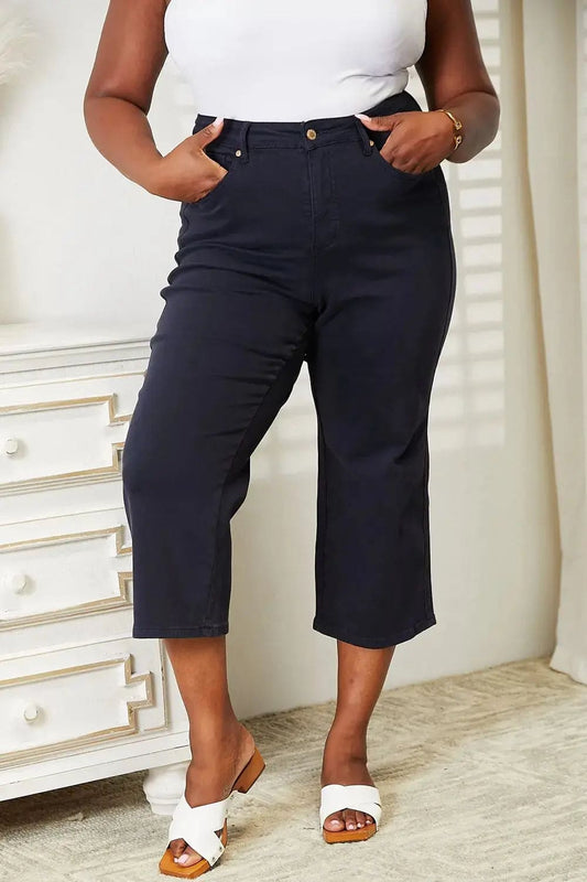 Judy Blue Full Size High Waist Tummy Control Garment Dyed Wide Cropped Jeans - The Magnolia Cottage Boutique
